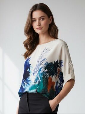 BCBGMaxAzria Cream Blouse with Blue, Teal and Orange Brushstroke Print